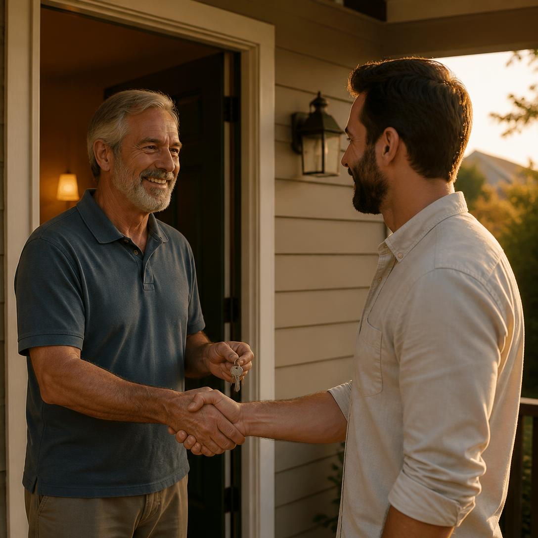 A homeowner shaking hands with a buyer at his front door, keys in hand